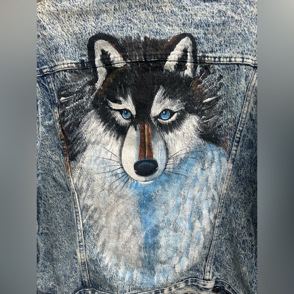 Vintage Mens Acid Wash Denim Trucker Jacket Size L Hand Painted Wolf 90's Nature - Picture 3 of 8